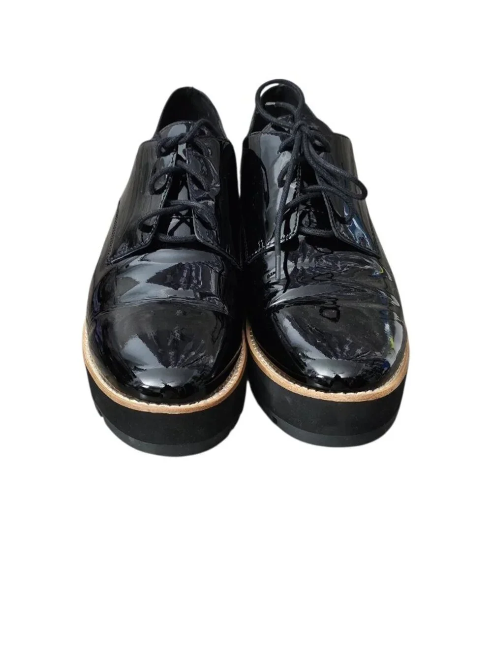 Eileen Fisher Eddy Patent Leather Platform Oxford Chunky Lug Shoes New Black 9.5